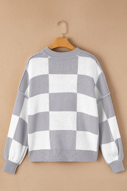 Gray Checkered Bishop Sleeve Pullover Sweater