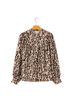 Light French Beige Leopard Print Balloon Sleeve Loose Blouse