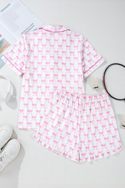 Pink Bowknot Print Shirt and Ruffle Hem Shorts Pajama Set