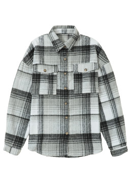 Grey Plaid Button Up Collared Flannel Shacket