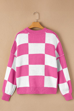 Rose Checkered Bishop Sleeve Pullover Sweater