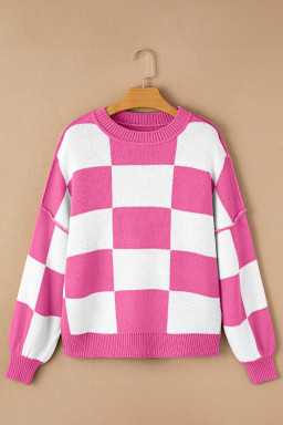 Rose Checkered Bishop Sleeve Pullover Sweater