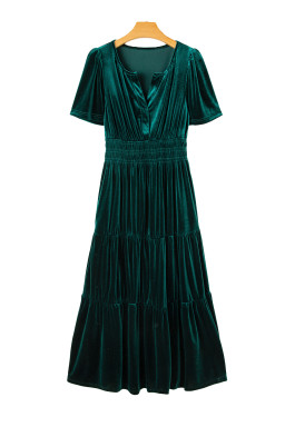 Evergreen Velvet Puff Short Sleeve Smocked Waist Tiered Maxi Dress