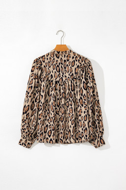 Light French Beige Leopard Print Balloon Sleeve Loose Blouse