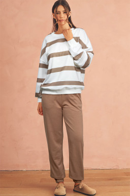 Light French Beige Striped Drop Shoulder Pullover and Joggers Set