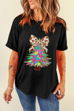 Black Bowknot Christmas Tree Printed T Shirt