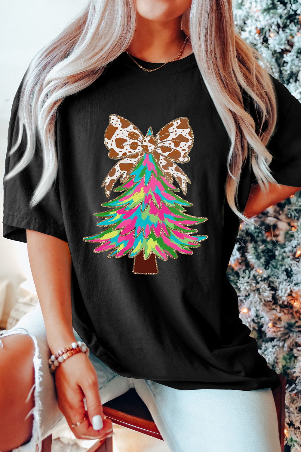 Black Bowknot Christmas Tree Printed T Shirt