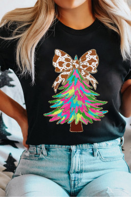 Black Bowknot Christmas Tree Printed T Shirt
