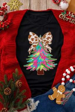 Black Bowknot Christmas Tree Printed T Shirt