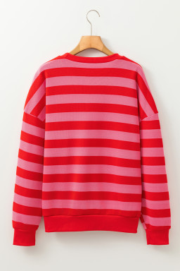 Red Stripe Round Neck Drop Shoulder Sweatshirt