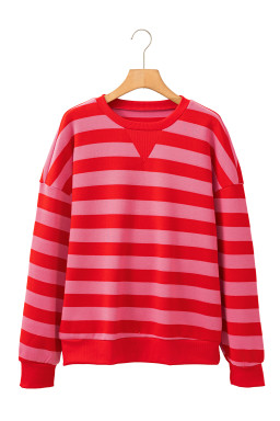 Red Stripe Round Neck Drop Shoulder Sweatshirt