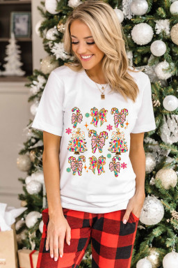 White Christmas Tree Bowknot Print Graphic T Shirt