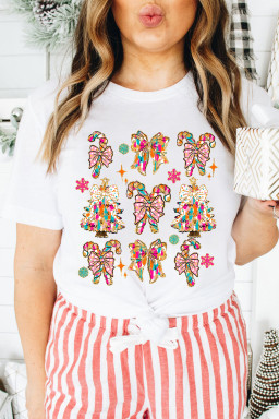 White Christmas Tree Bowknot Print Graphic T Shirt