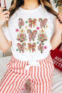 White Christmas Tree Bowknot Print Graphic T Shirt