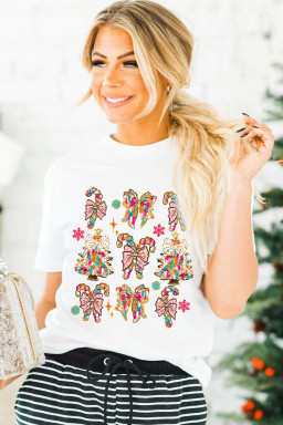 White Christmas Tree Bowknot Print Graphic T Shirt