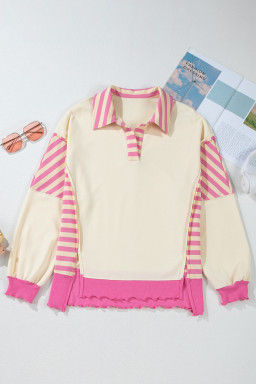Pink Stripe Colorblock Collared French Terry Top