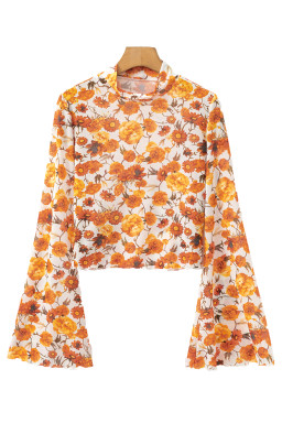 Orange Floral Print Bell Sleeve Mock Neck Scallop Trim Blouse