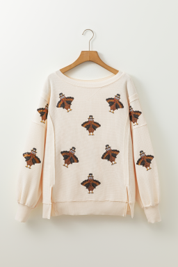 White SequinsTurkey Waffle Oversized Knit Long Sleeve Top