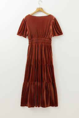 Chestnut Elegant Velvet Shirred Waist Tiered Maxi Dress