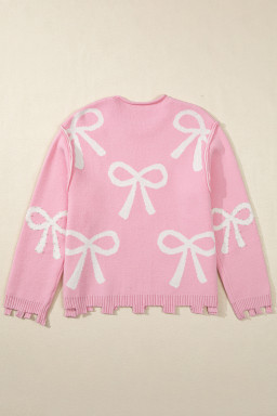 Pink Bow Pattern Pearl Embellished Raw Hem Sweater