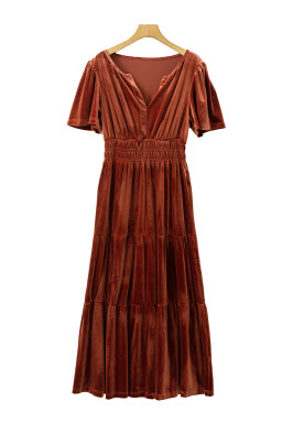 Chestnut Elegant Velvet Shirred Waist Tiered Maxi Dress