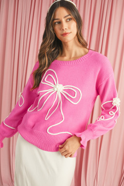 Bright Pink Sweet Bow Pattern Drop Sleeve Knit Sweater