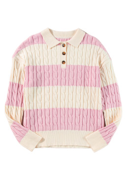 Pink Colorblock Button Collar Twisted Cable Knit Sweater