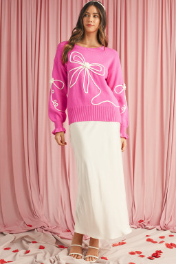 Bright Pink Sweet Bow Pattern Drop Sleeve Knit Sweater