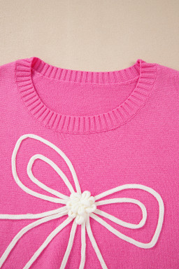 Bright Pink Sweet Bow Pattern Drop Sleeve Knit Sweater