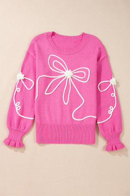 Bright Pink Sweet Bow Pattern Drop Sleeve Knit Sweater