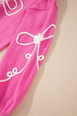 Bright Pink Sweet Bow Pattern Drop Sleeve Knit Sweater