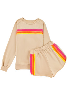 Apricot Colorful Striped Long Sleeve Pullover and Shorts Set