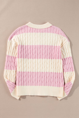 Pink Colorblock Button Collar Twisted Cable Knit Sweater