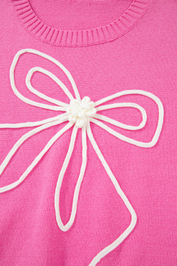 Bright Pink Sweet Bow Pattern Drop Sleeve Knit Sweater