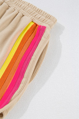 Apricot Colorful Striped Long Sleeve Pullover and Shorts Set