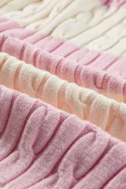 Pink Colorblock Button Collar Twisted Cable Knit Sweater