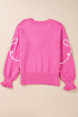 Bright Pink Sweet Bow Pattern Drop Sleeve Knit Sweater