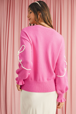 Bright Pink Sweet Bow Pattern Drop Sleeve Knit Sweater