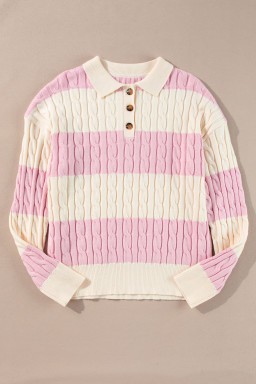 Pink Colorblock Button Collar Twisted Cable Knit Sweater
