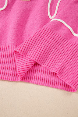 Bright Pink Sweet Bow Pattern Drop Sleeve Knit Sweater