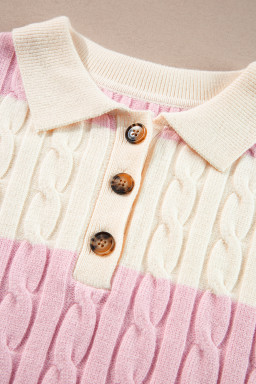 Pink Colorblock Button Collar Twisted Cable Knit Sweater
