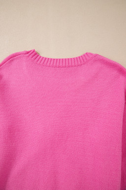 Bright Pink Sweet Bow Pattern Drop Sleeve Knit Sweater