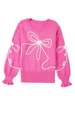 Bright Pink Sweet Bow Pattern Drop Sleeve Knit Sweater