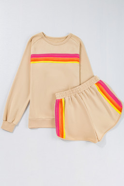 Apricot Colorful Striped Long Sleeve Pullover and Shorts Set
