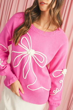 Bright Pink Sweet Bow Pattern Drop Sleeve Knit Sweater