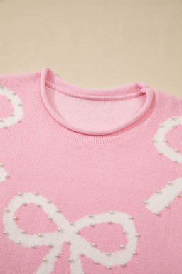 Pink Bow Pattern Pearl Embellished Raw Hem Sweater