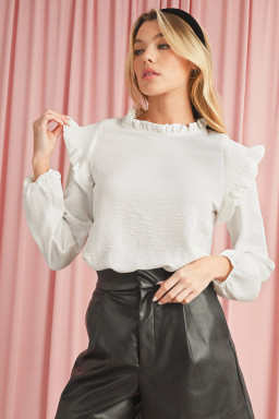 White Frilled Neck Ruffled Trim Bubble Sleeve Blouse