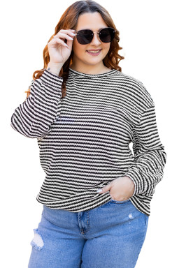 Black Striped Drop Shoulder Knit Plus Size Top