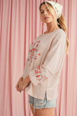 Beige Flower Exposed Seam Patchwork Loose Top