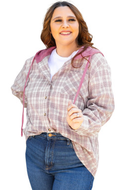 Bonbon Plaid Print Drawstring Hooded Plus Size Shacket